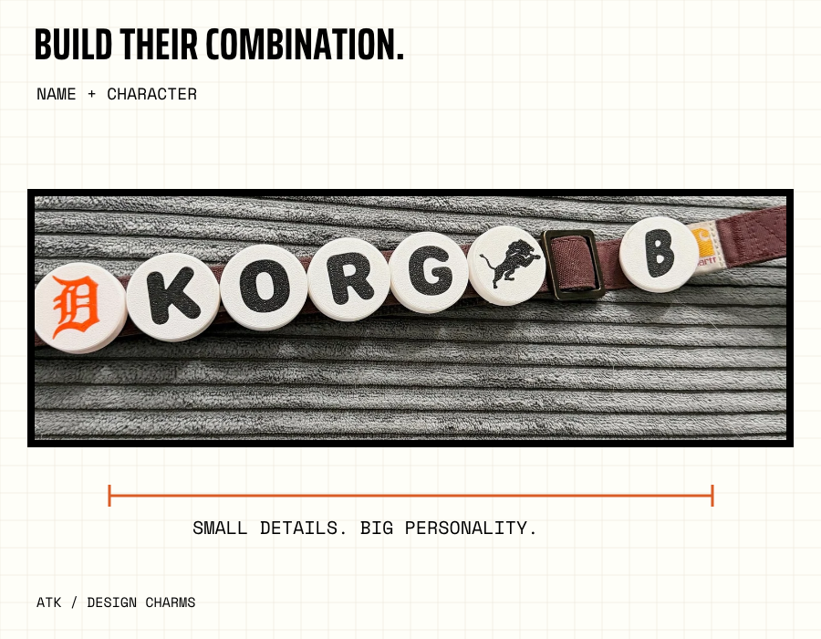 A real collar with name and icon charms, photographed on an ATK combination plate
