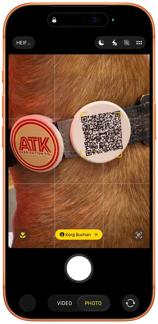 Existing phone camera demonstration scanning Korg’s QR collar tag
